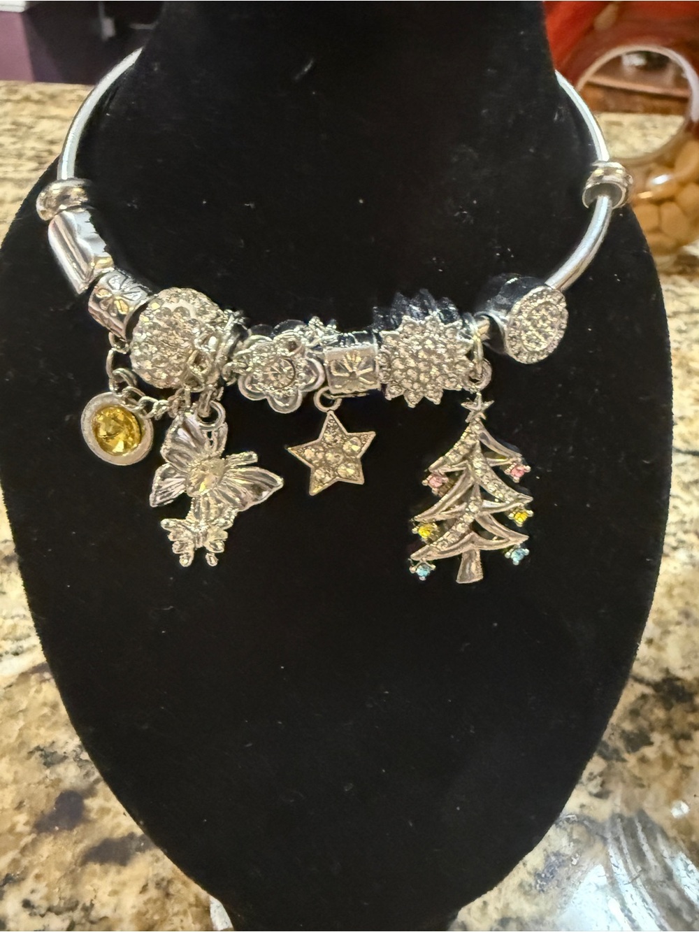 Silver Holiday Charm Bangle Bracelet with Crystal Accents